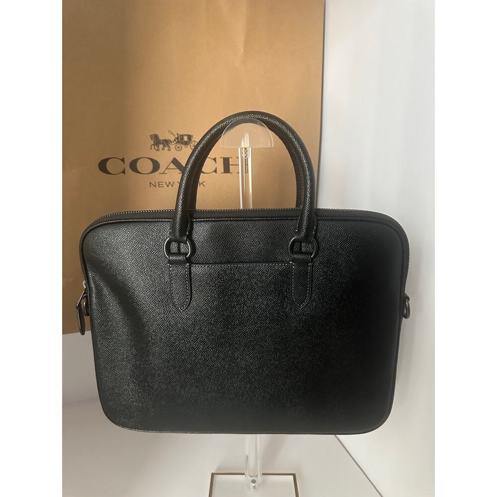 Coach C6812 Black Crossgrain Leather Slim Briefcase Laptop Business Bag Strap - Picture 2 of 9